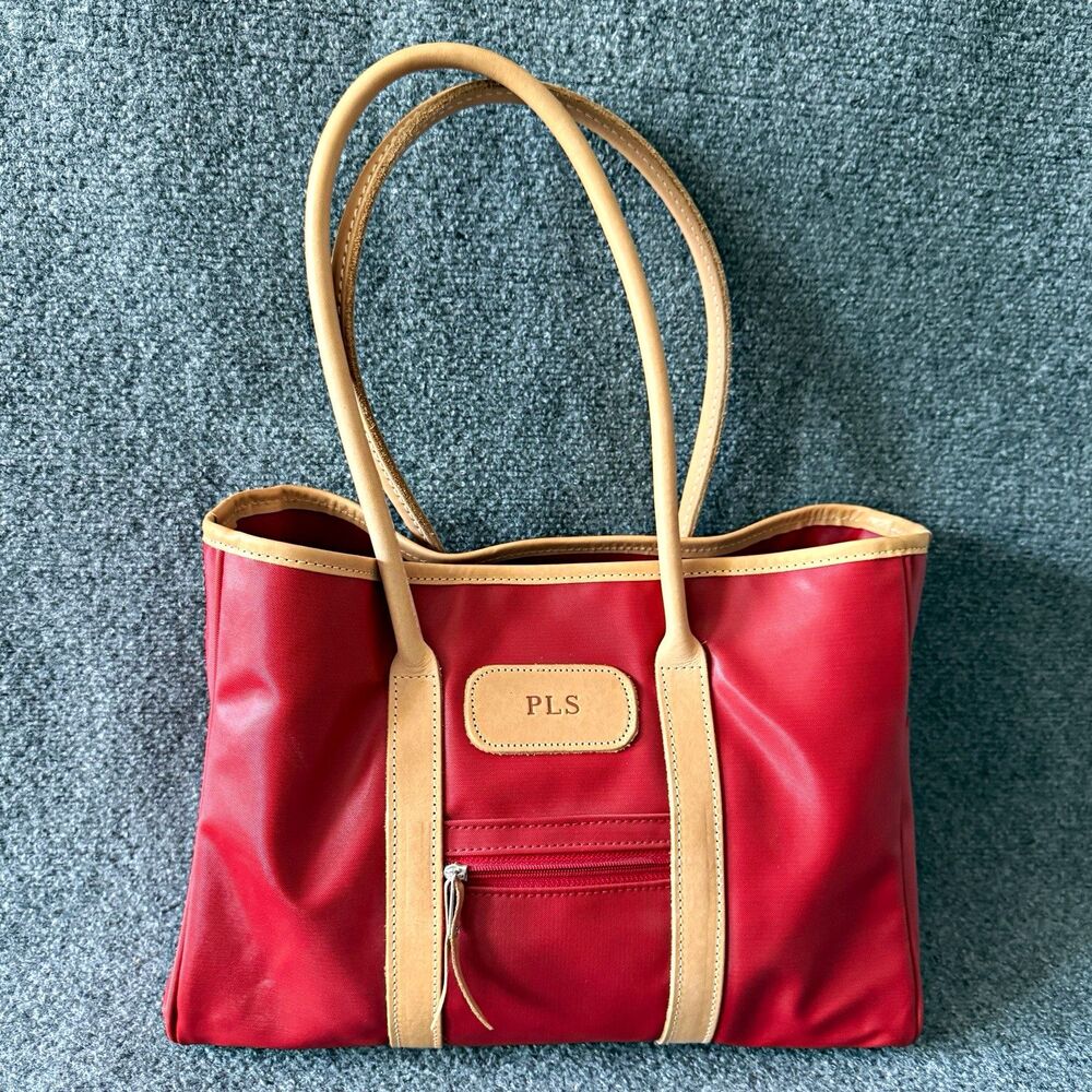 Jon Hart Red Tote Bag Tan Leather Double Handles Zip Closure Inner/Outer Pockets